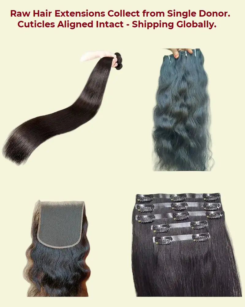 Collection of raw hair extensions with text about sourcing and shipping.
