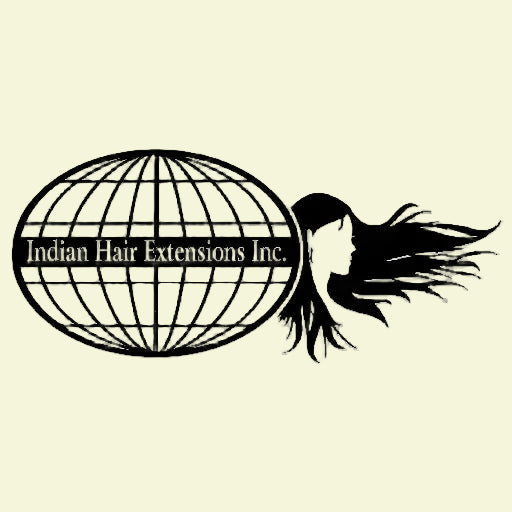 Logo of Indian Hair Extensions Inc. with a globe and silhouette of a person with hair flowing out.