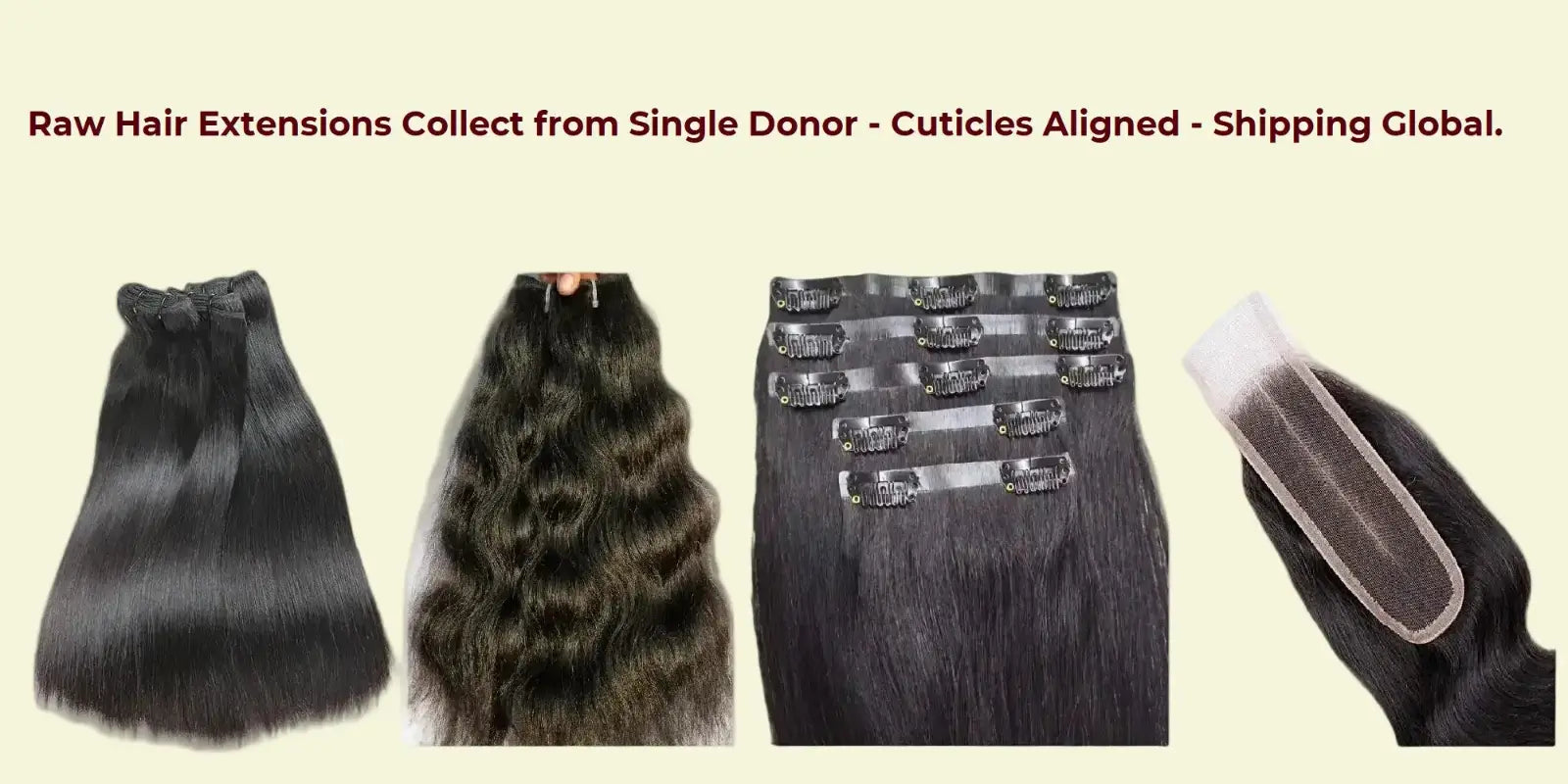 Collection of raw hair extensions with text about sourcing and shipping.