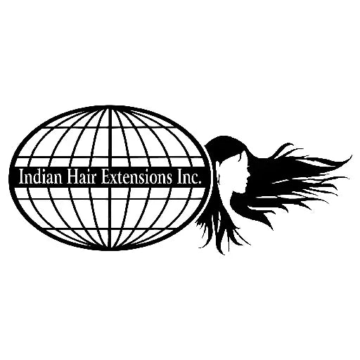 Logo of Indian Hair Extensions Inc. with a globe and silhouette of a person with hair flowing out.