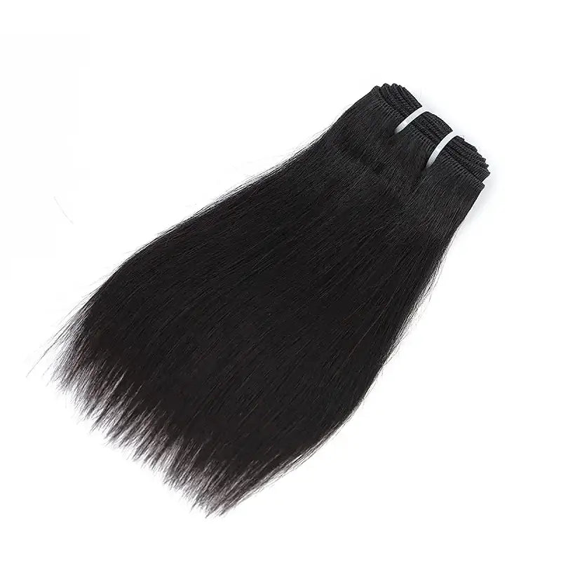 Three bundles of black hair extensions on a white background