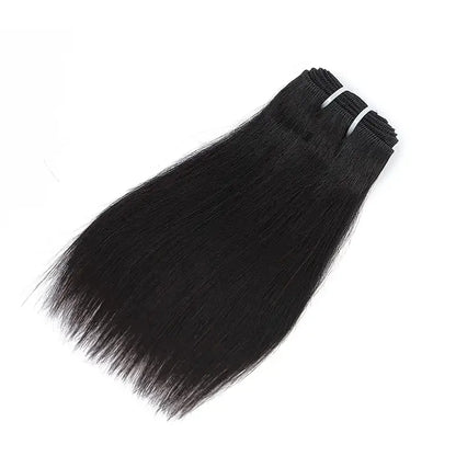 Three bundles of black hair extensions on a white background